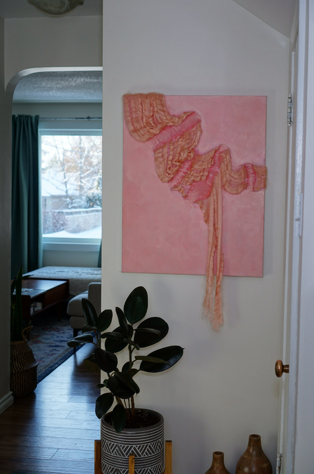 Three Fates, Abstract, Acrylic and yarn, 24” By 30”,2019